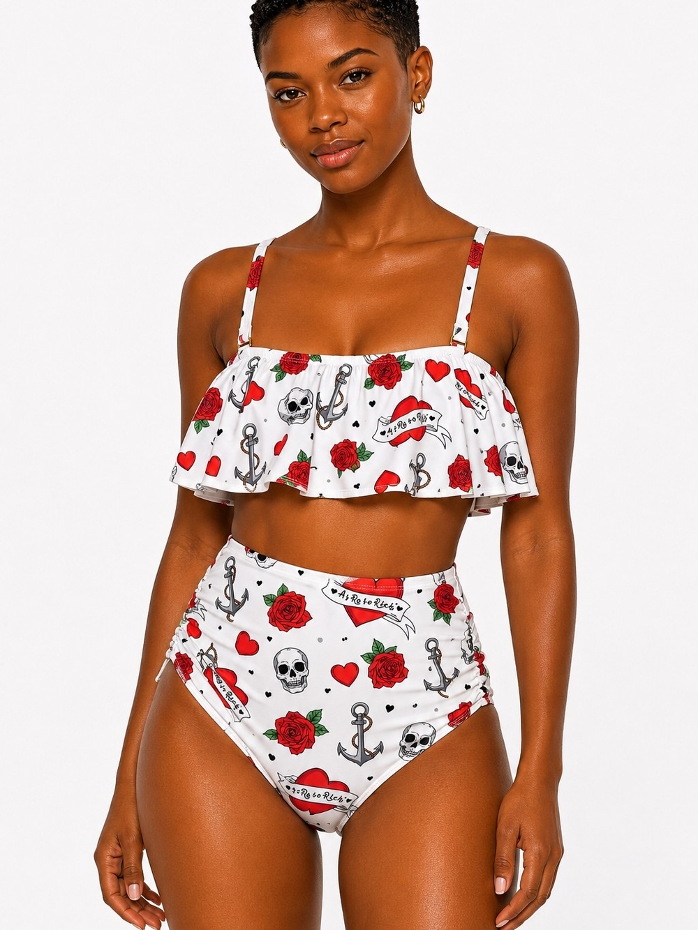 AS ROSE RICH White Red Roses & Skulls Ruffle Top - High-Waist Bikini Set MED NWT